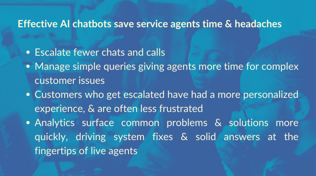 Effective AI chatbots save service agents time & headaches Image of 2 call center staff collaborating with benefits graphic